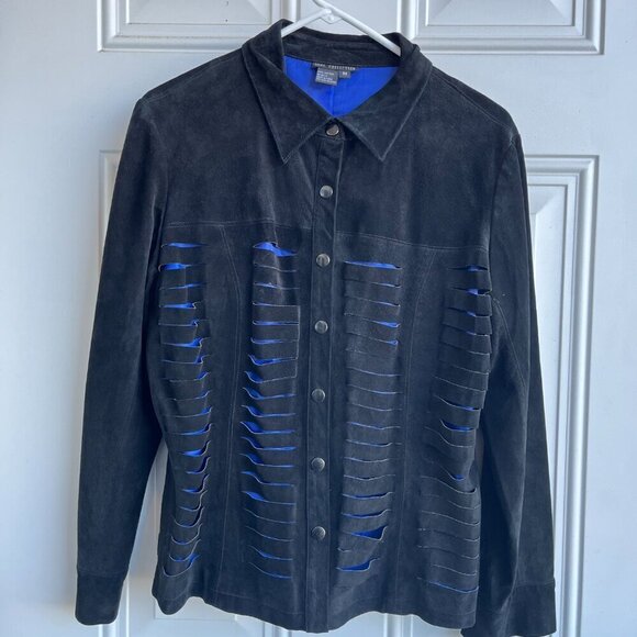 Dons Black Leather Jacket Blue Satin Lining Snap Closure M - Picture 8 of 16